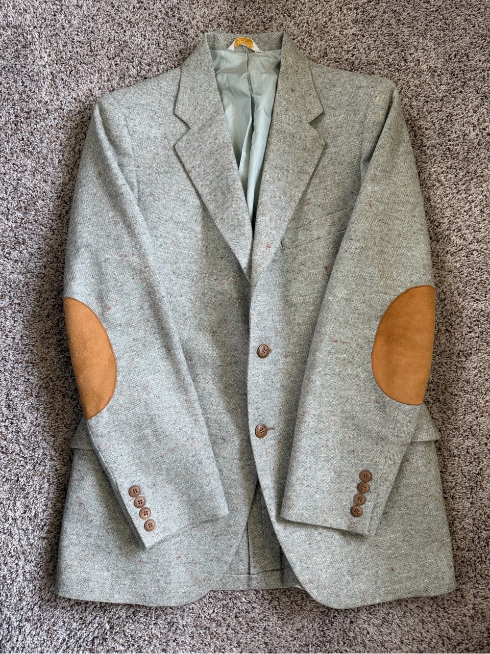 Classic Gray Tweed Sport Coat with Tan Elbow Patches